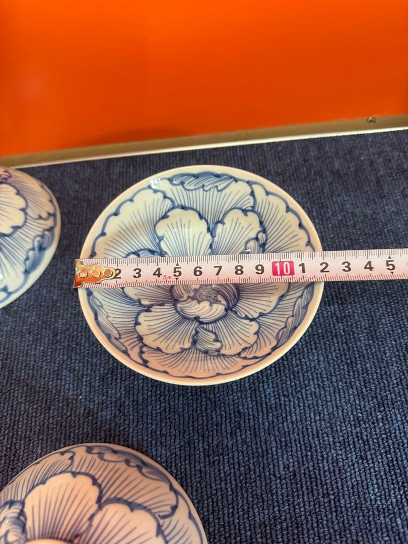 1968 三川内焼 嘉久正窯 手描き 牡丹 輪花小鉢 5客 未使用