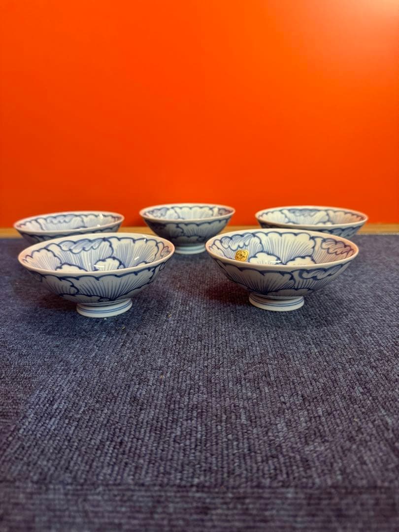 1968 三川内焼 嘉久正窯 手描き 牡丹 輪花小鉢 5客 未使用