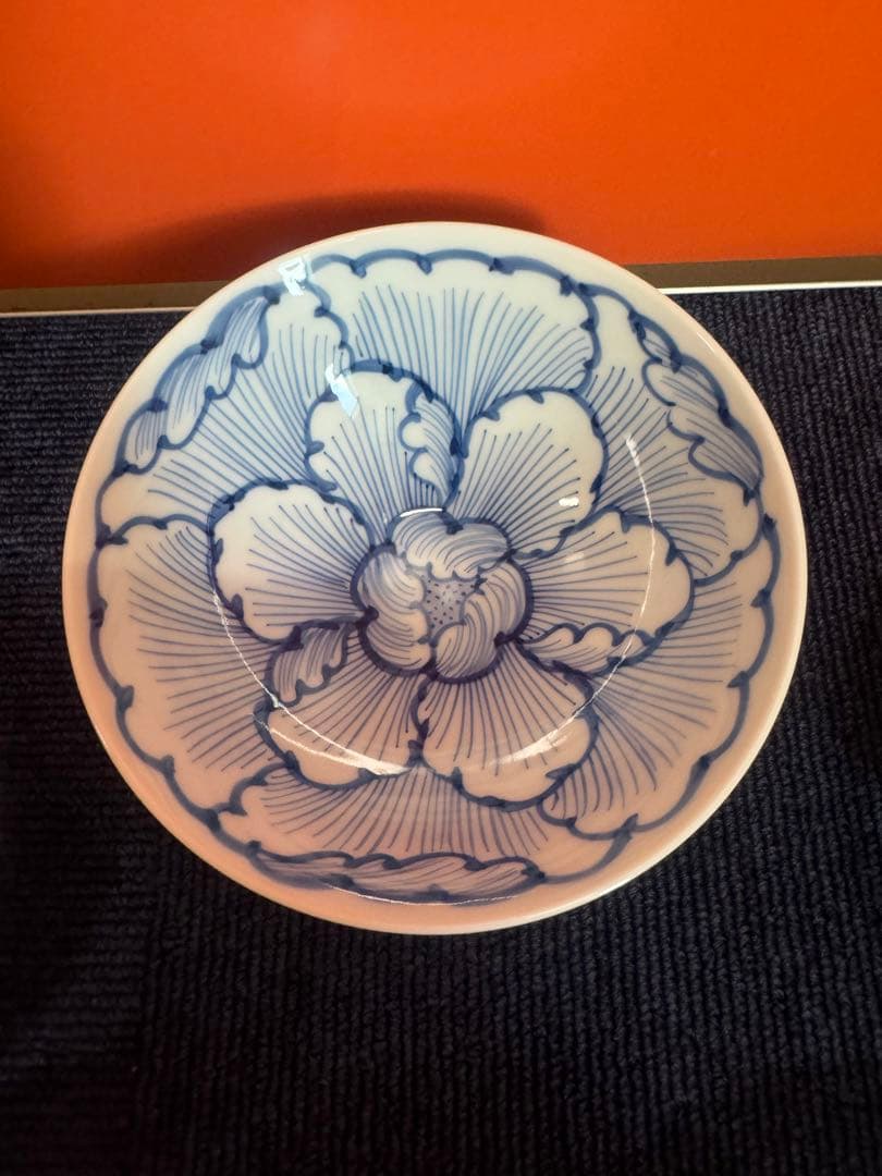 1968 三川内焼 嘉久正窯 手描き 牡丹 輪花小鉢 5客 未使用