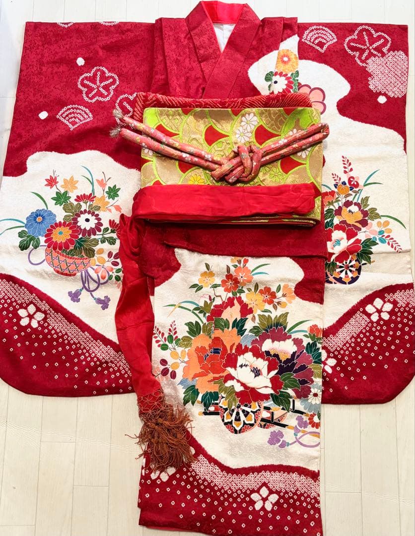 七五三　7歳　正絹　絞り　着物　フルセット　赤