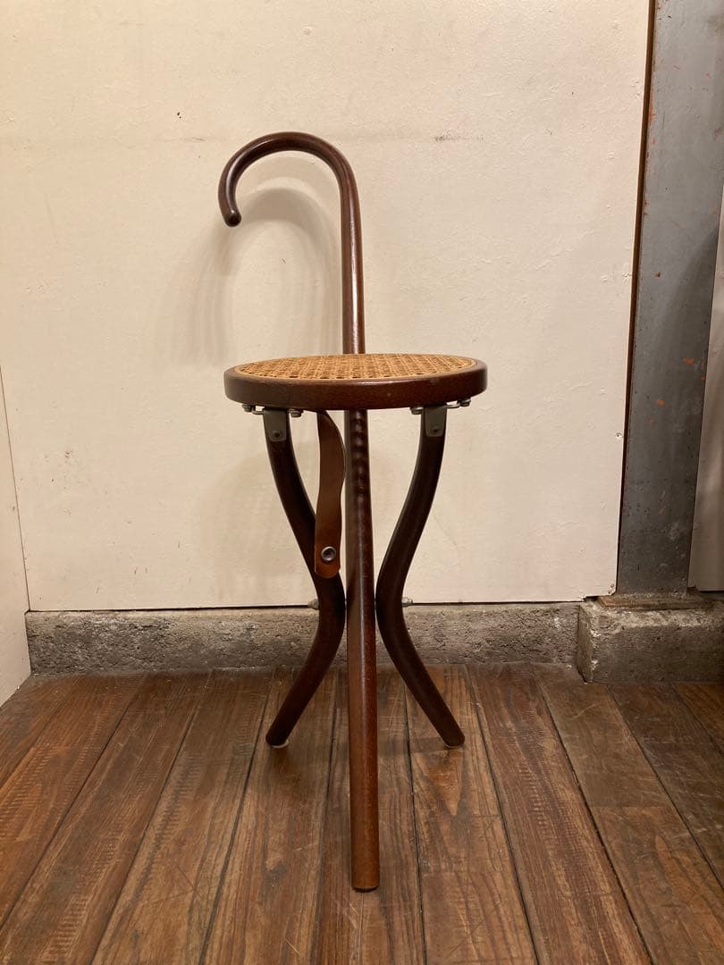 希少 秋田木工 折り畳み ステッキチェア 曲木椅子 籐張 ヴィンテージ 古道具