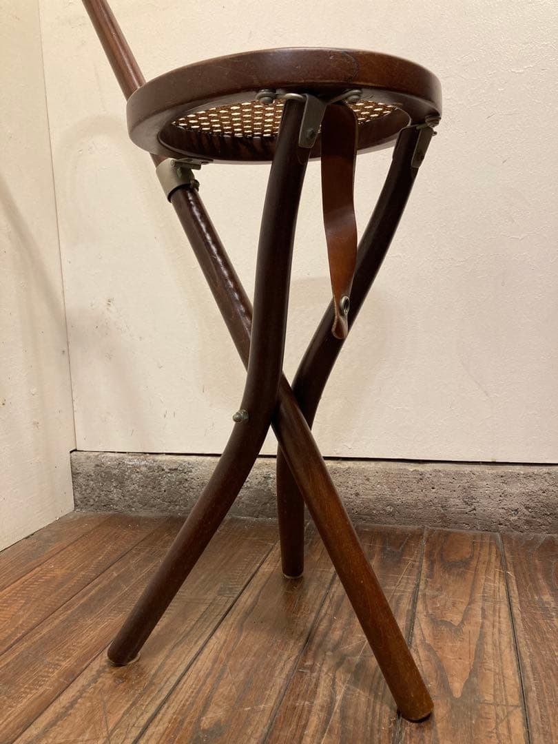 希少 秋田木工 折り畳み ステッキチェア 曲木椅子 籐張 ヴィンテージ 古道具