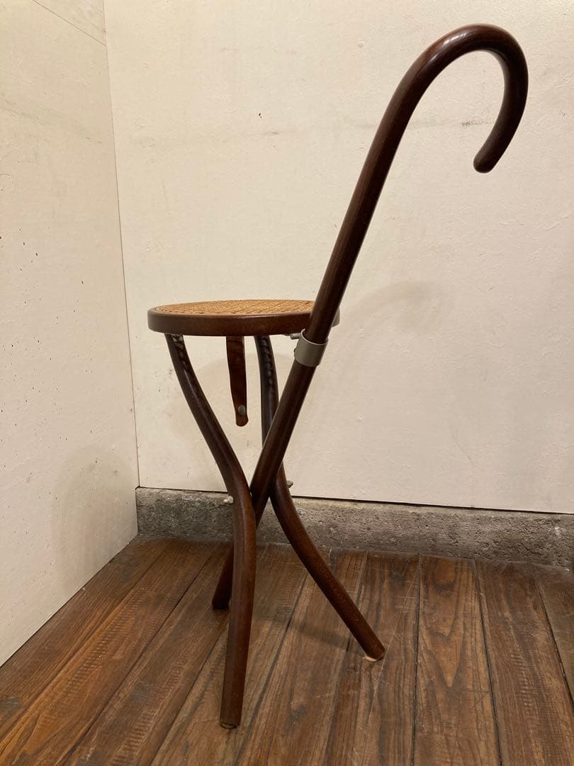 希少 秋田木工 折り畳み ステッキチェア 曲木椅子 籐張 ヴィンテージ 古道具