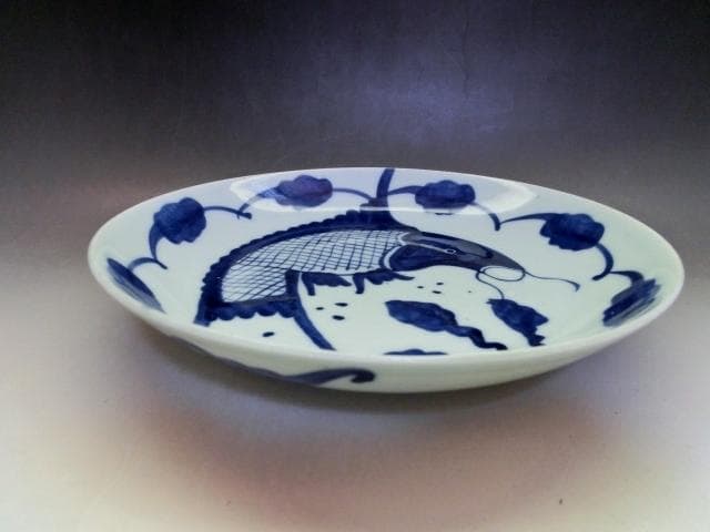 皿□支那染付鯉紋 清時代中期 飾り皿 魚皿 古玩 唐