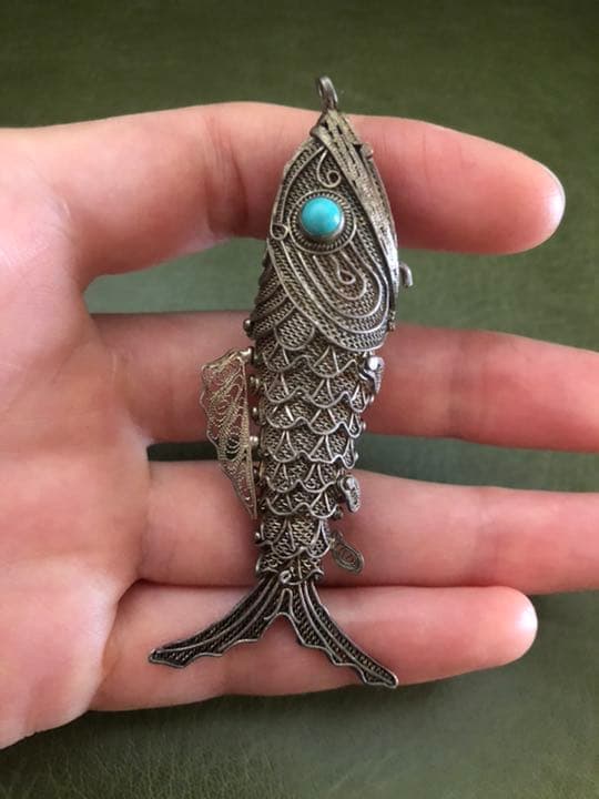 アンティーク ビンテージ フィリグリー ネックレストップ シルバー刻印 魚