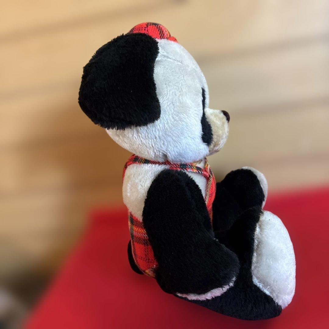昭和レトロ　パンダぬいぐるみ 赤チェックオーバーオール
