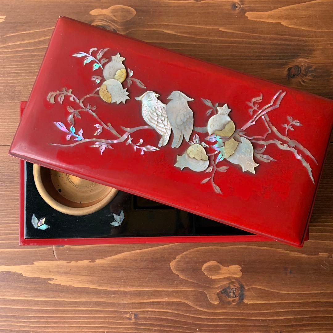 韓国漆器 螺鈿細工 鳥 柘榴 ザクロ 煙草盆 タバコ入れ 応接セット