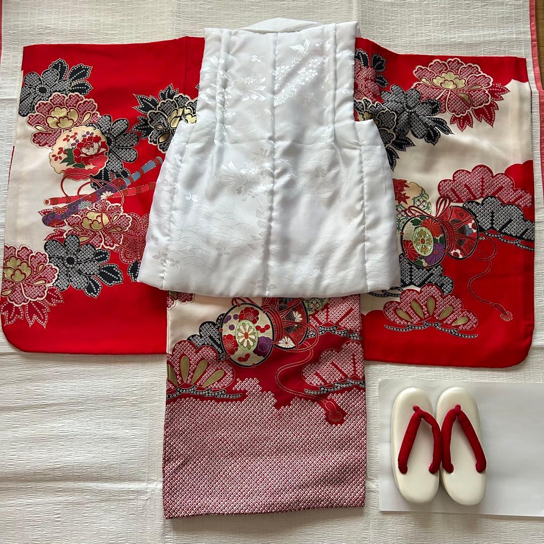 七五三 3歳 着物 753 絹 絞り柄 被布 三歳 赤 草履 金彩 女の子着物