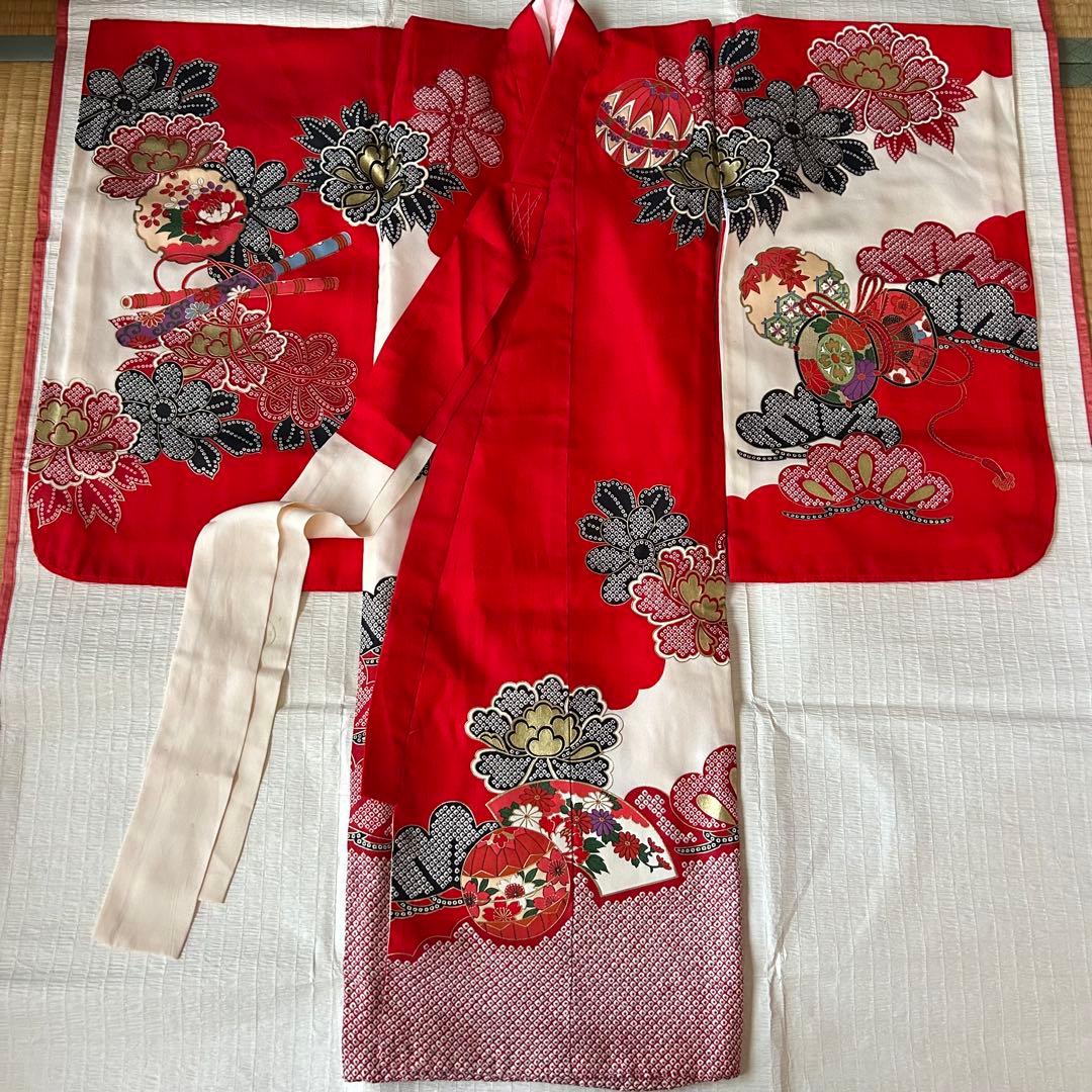 七五三 3歳 着物 753 絹 絞り柄 被布 三歳 赤 草履 金彩 女の子着物