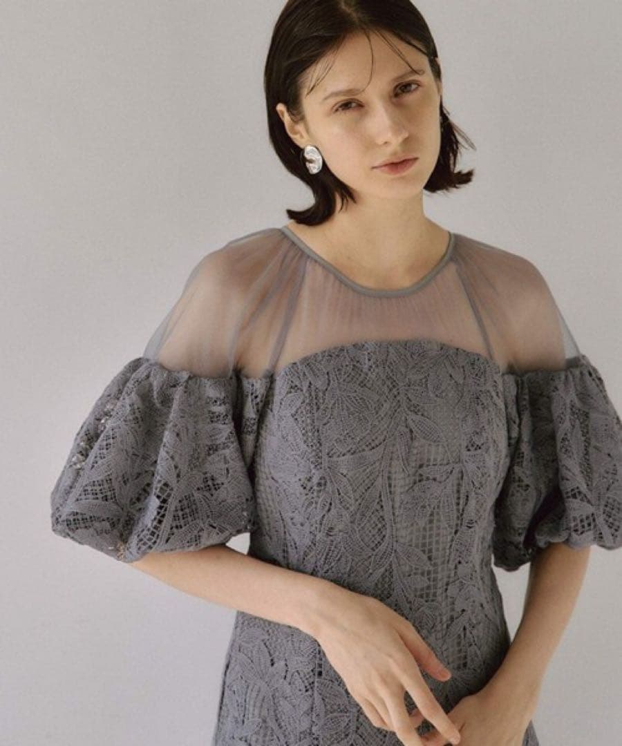 新品 LE´RURE パフスリーブレースドレス ワンピース M グレー 結婚式
