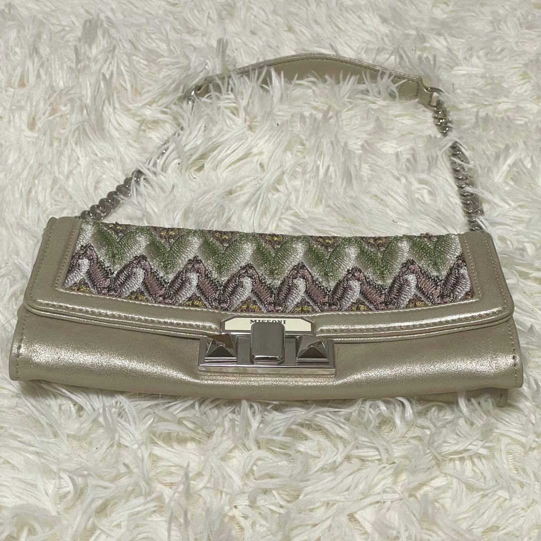 美品 ミッソーニ チェーンショルダーバッグ ジグザグ ジャガード フラップ 金色