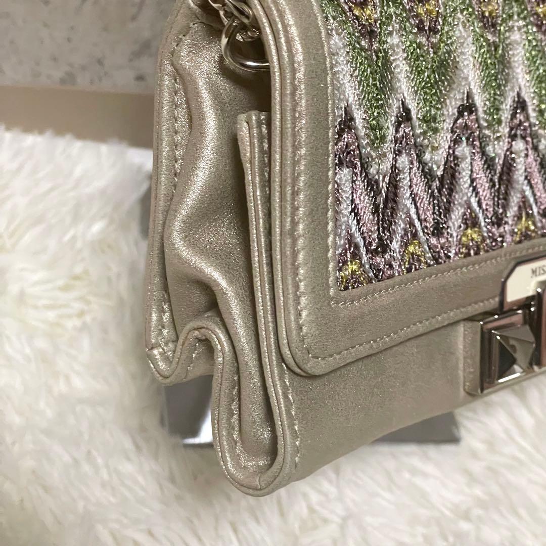 美品 ミッソーニ チェーンショルダーバッグ ジグザグ ジャガード フラップ 金色