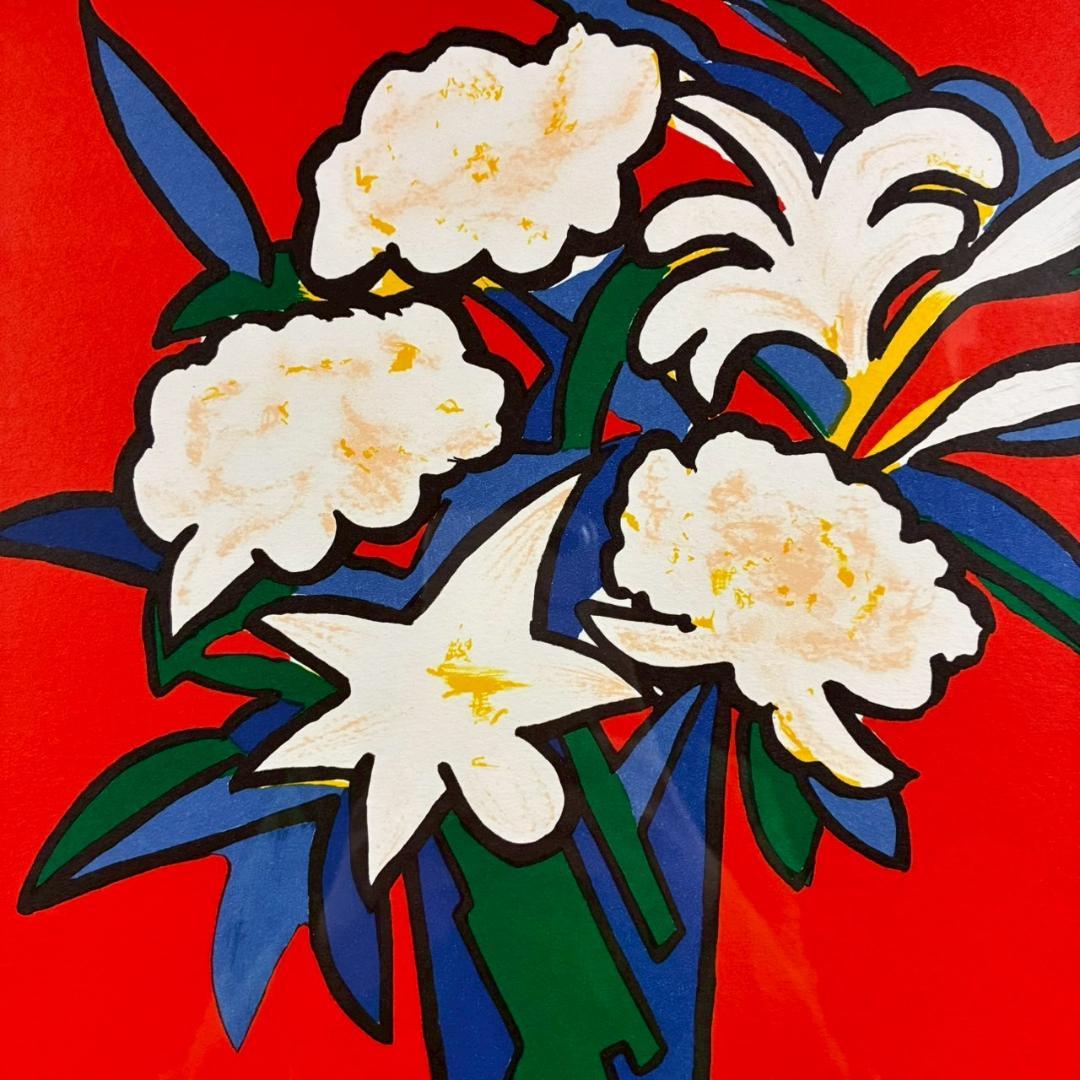 美品 門間攝子「百合のコンポジション」リトグラフ 直筆サイン入 額縁