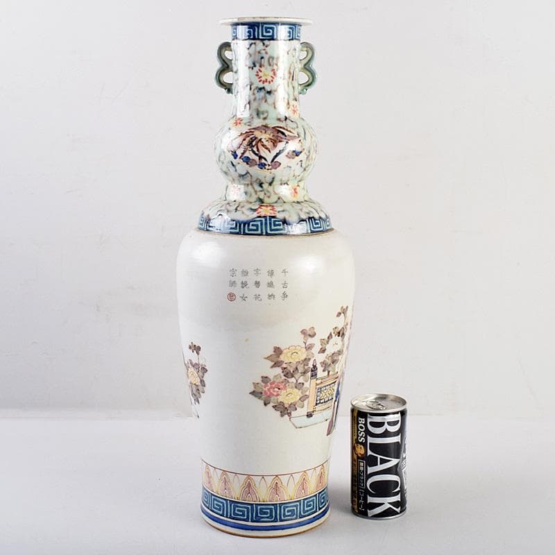 中国 大清光緒年製款 粉彩 漢詩仕女文 双耳瓶 時代箱付 M R9316B