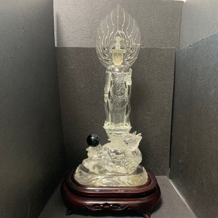 天然水晶 クリスタル 観音菩薩像 龍頭観音 台座付 クオーツ 仏教美術