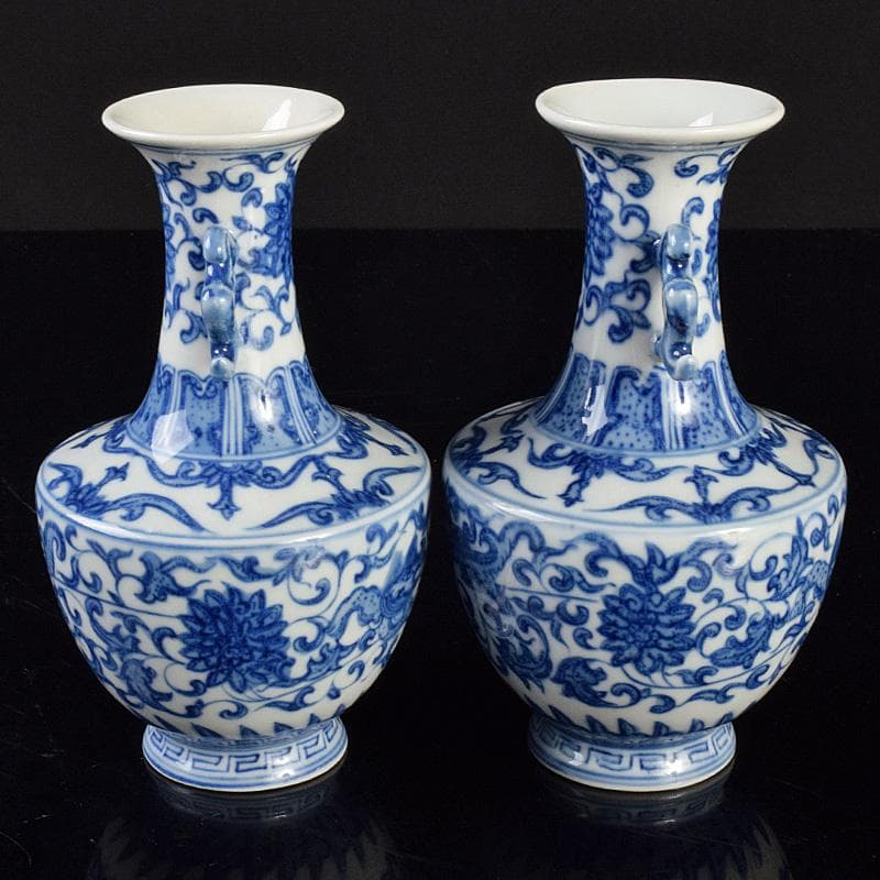 中国　景徳鎮製　青花　龍花文　双耳瓶　一對　D　R5075