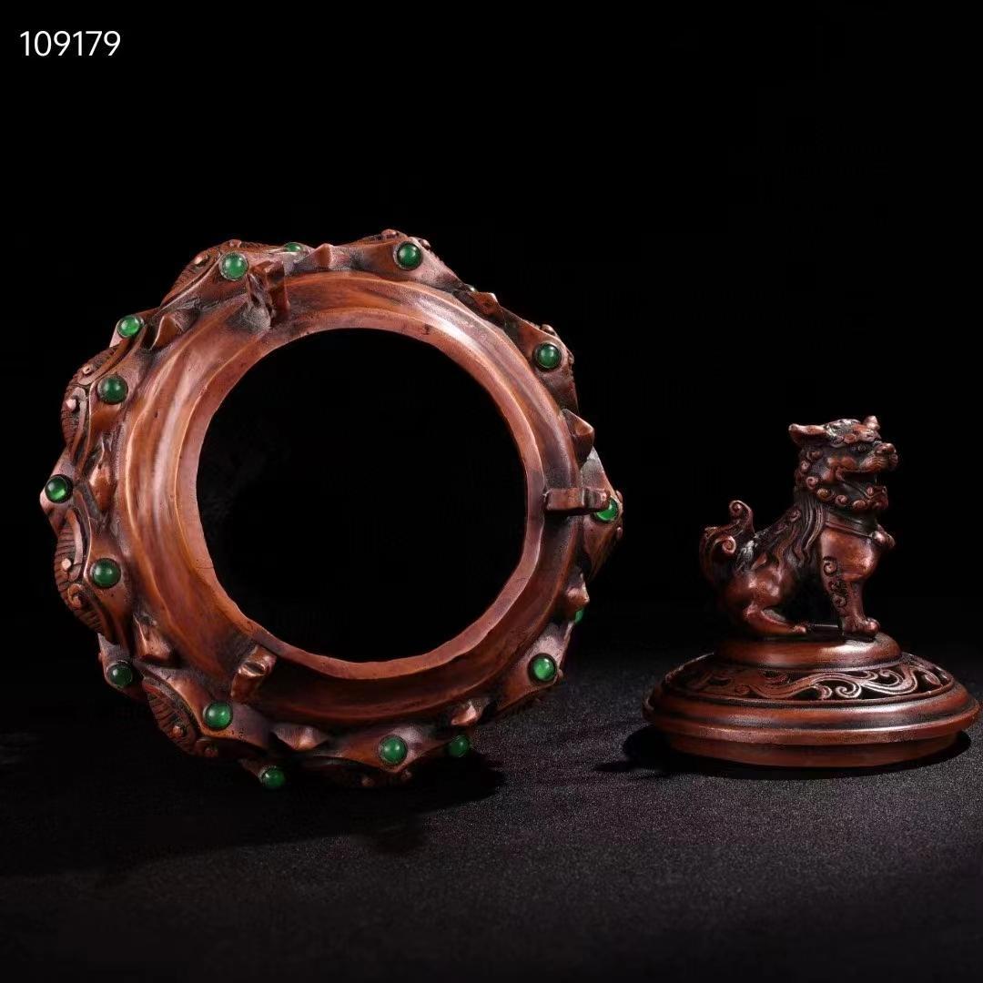 中国古美術・全銅・純手作り、宝石をはめ込み・獅子蓋香爐・熏香爐・置物・