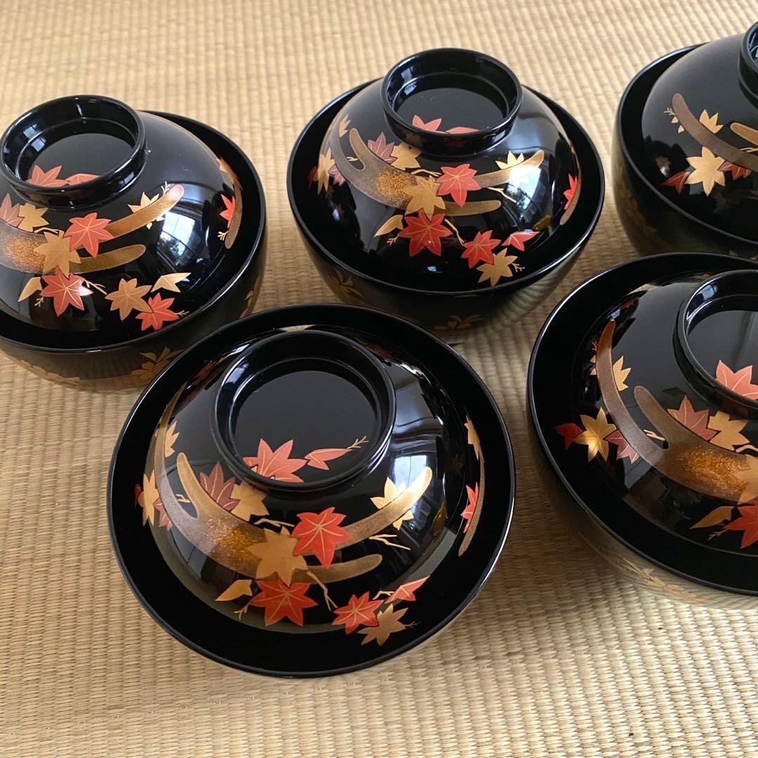 未使用 輪島塗 慶塚作【霞春秋蒔絵 蓋付吸物椀5客】天然木 漆塗 金蒔絵 共箱