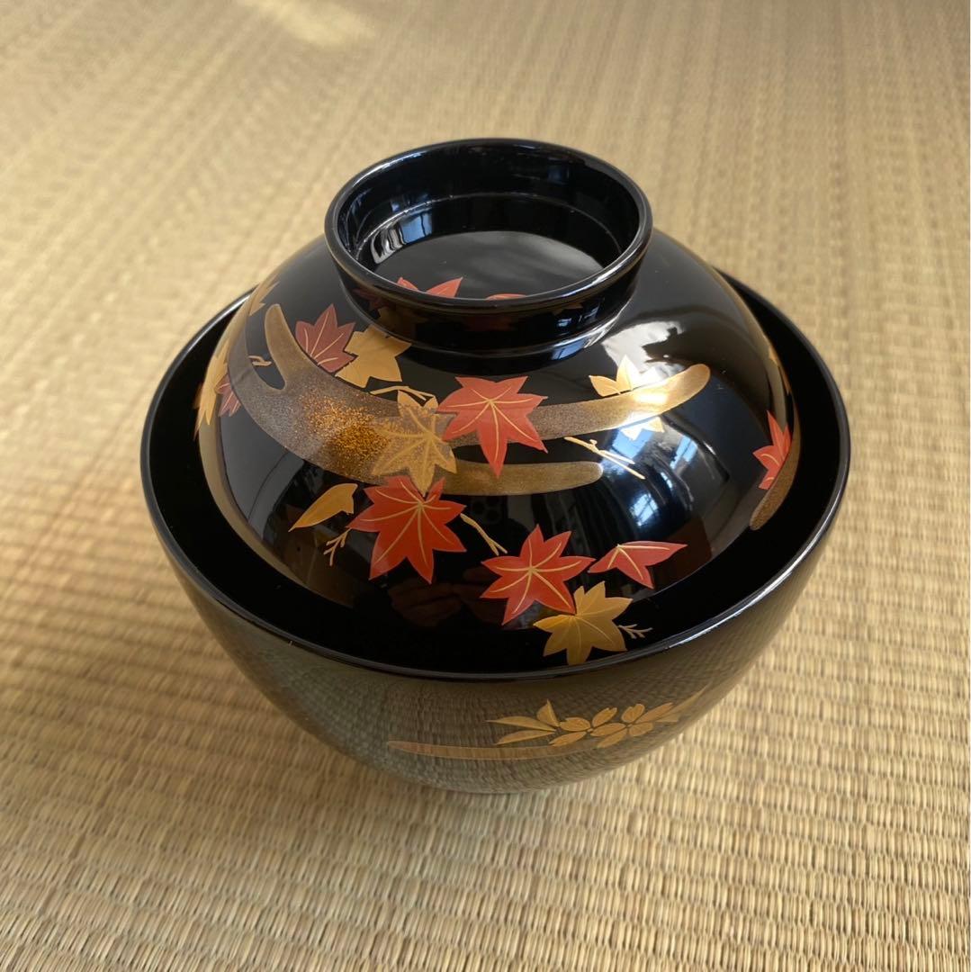 未使用 輪島塗 慶塚作【霞春秋蒔絵 蓋付吸物椀5客】天然木 漆塗 金蒔絵 共箱