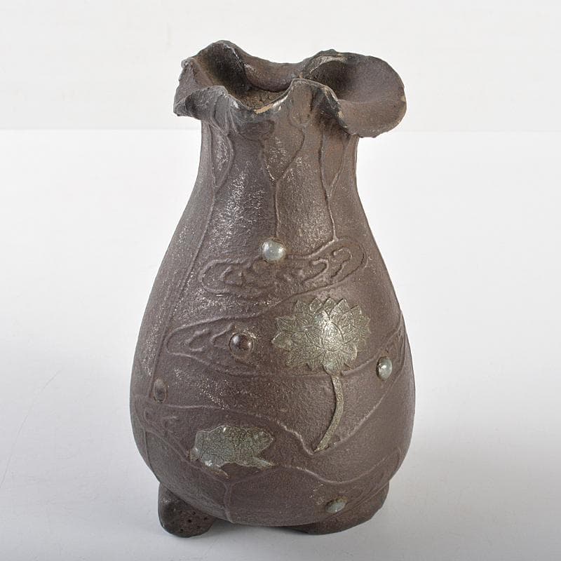 南蛮焼締 蓮葉形 蓮花蛙象嵌 掛け花生 合せ箱付 V R7084 刻