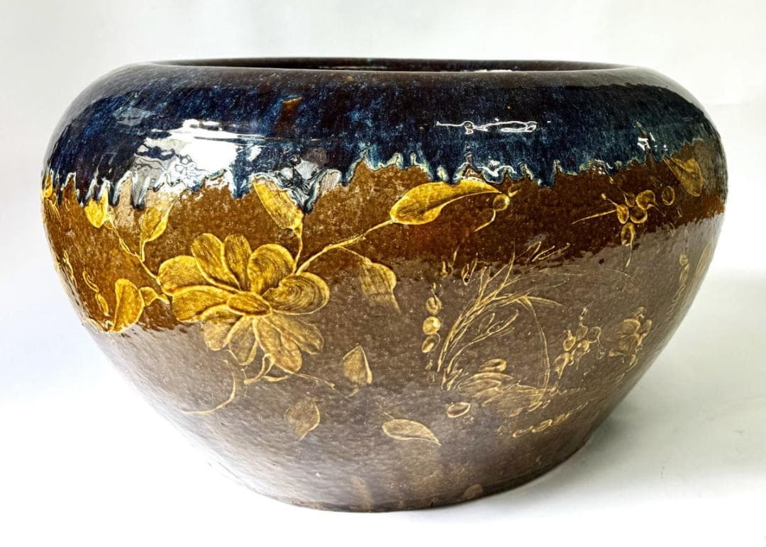 清時代 乾隆・嘉慶年間葛明祥造特注品 海鼠釉黄釉花鳥文火鉢 特大