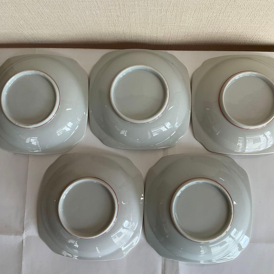 柿右衛門 色絵 梅に柴垣文角皿 五客組 江戸時代後期