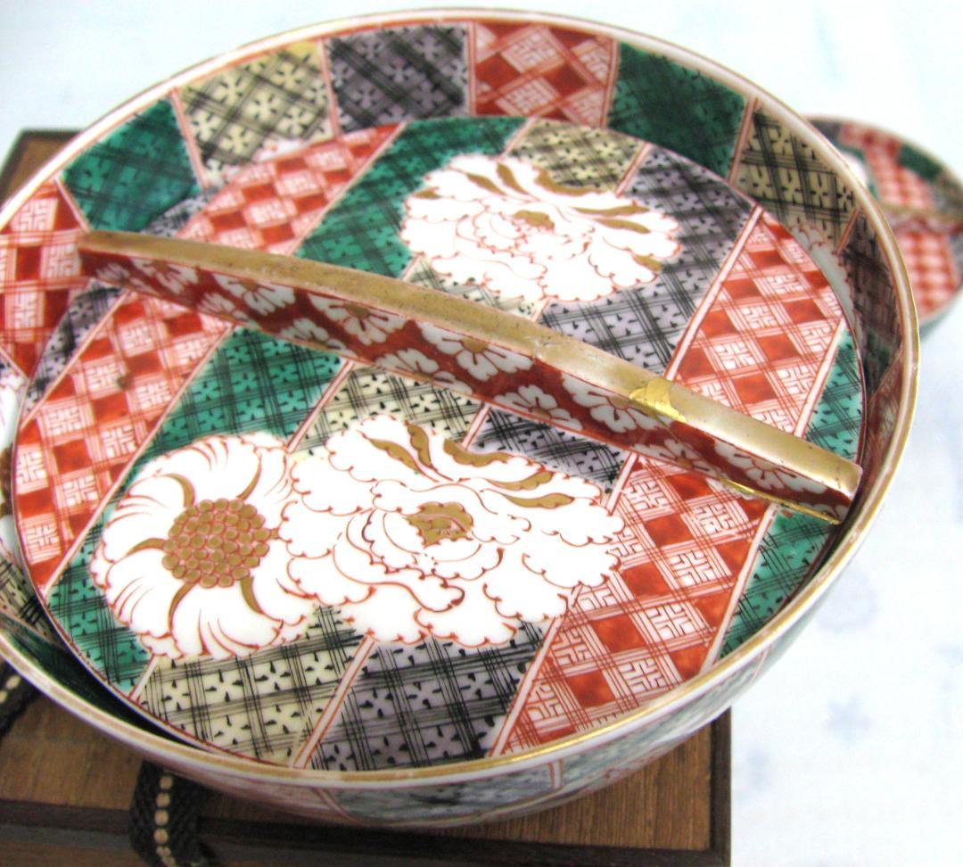 ☆古美術品・古伊万里 金蘭手 蓋物碗 茶碗5客組 牡丹・吉祥文 木