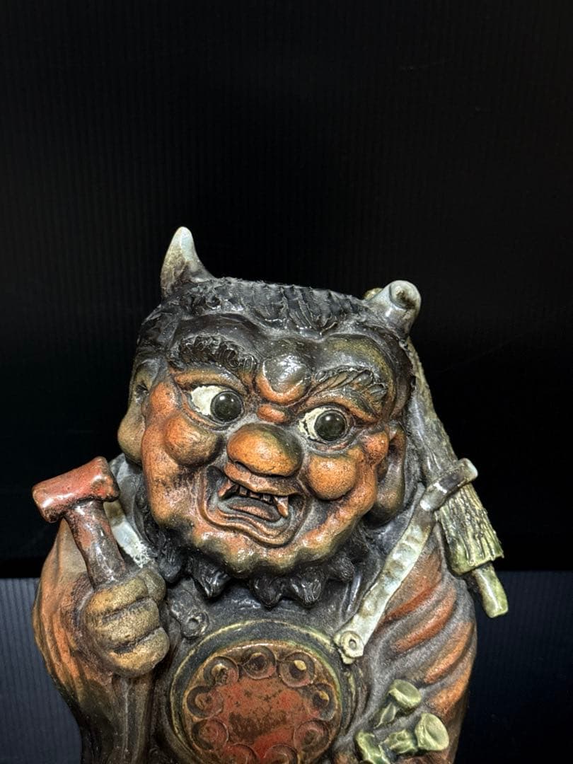名人 三平 造 陶製 極上彩色手捻 鬼の寒念仏 大津絵 置物