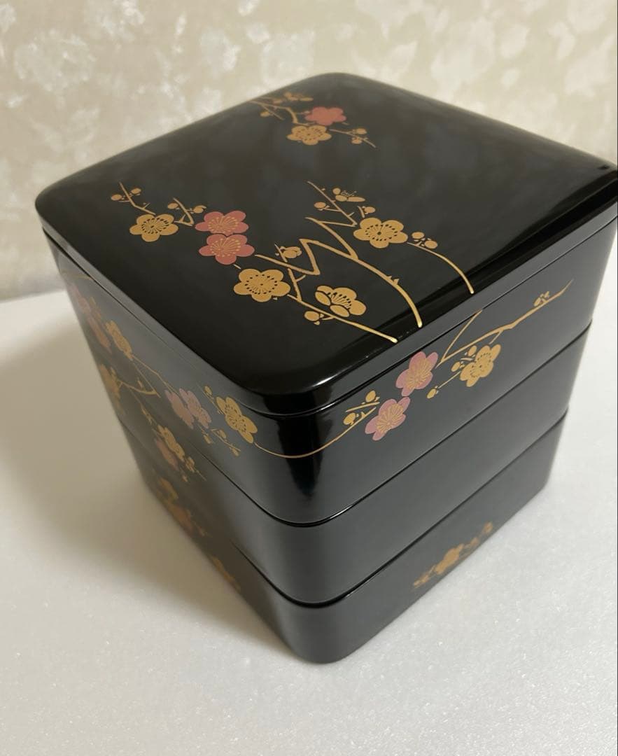 工芸品会津塗り　枝梅　三段重箱 会津年輪漆器 本うるし塗り 協誠工芸謹製