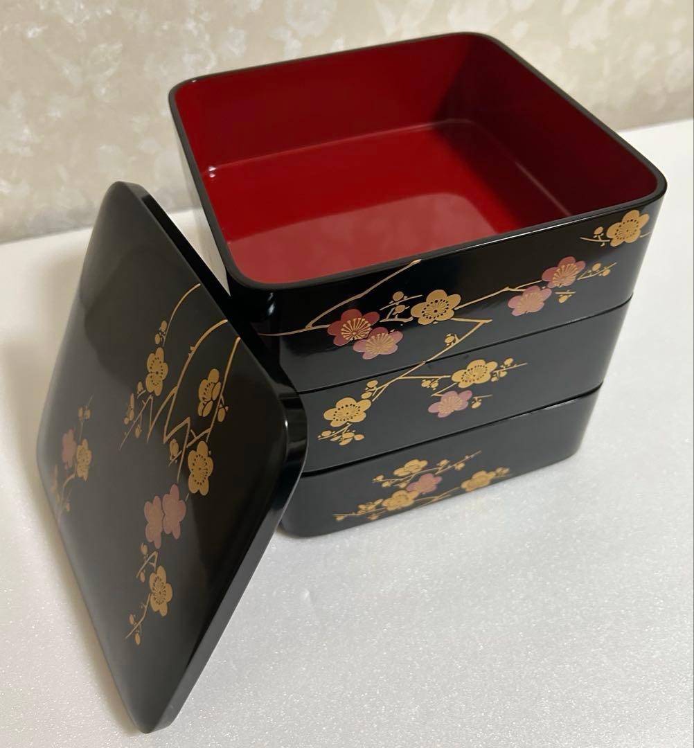 工芸品会津塗り　枝梅　三段重箱 会津年輪漆器 本うるし塗り 協誠工芸謹製