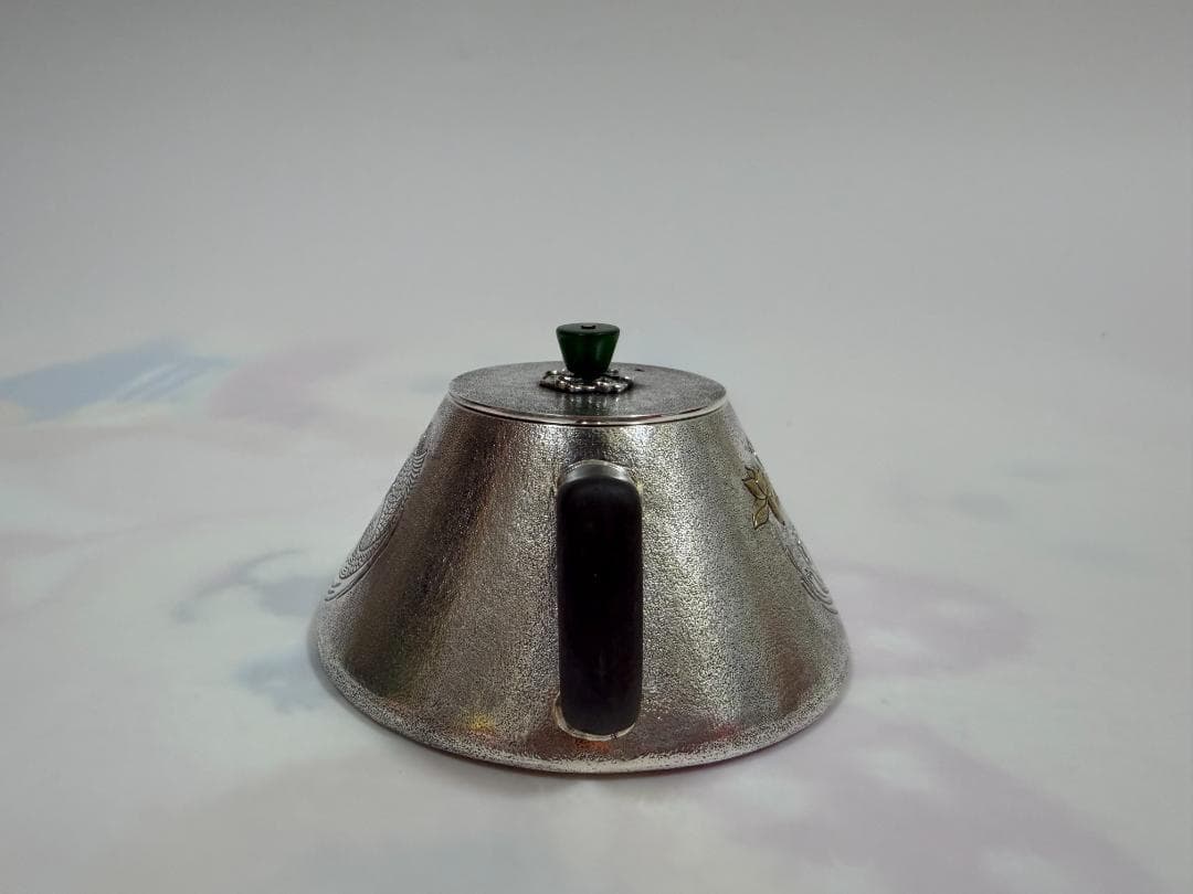 純銀製 鯉と蓮文 玉石摘 唐木手 急須 銀瓶 煎茶道具