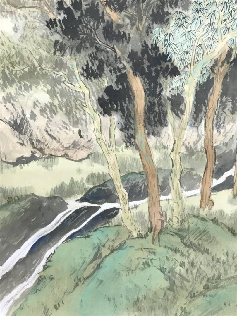 【真作】押田翠雨/春馬人物図/山水図/春景山水図/掛軸☆宝船☆AD-650