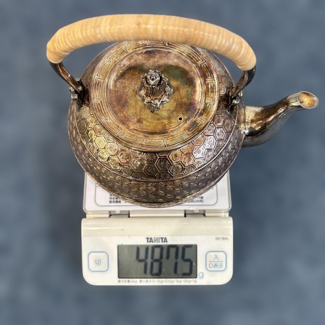純銀製 金蘭模様彫 蕾摘 湯沸 銀瓶 工芸品 美術品 煎茶道具 - メルカリ
