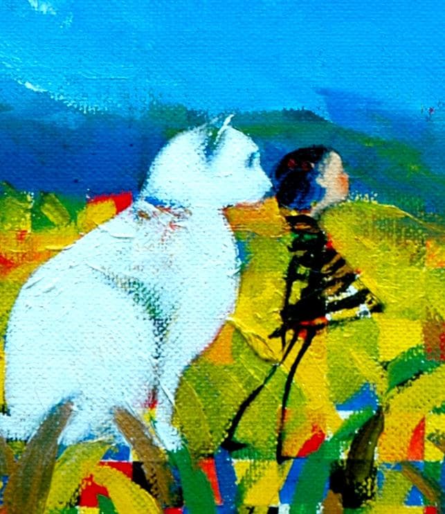 油絵 菅家令子 絵 絵画インテリア額付(黒) F4-072119 子犬猫と女の子