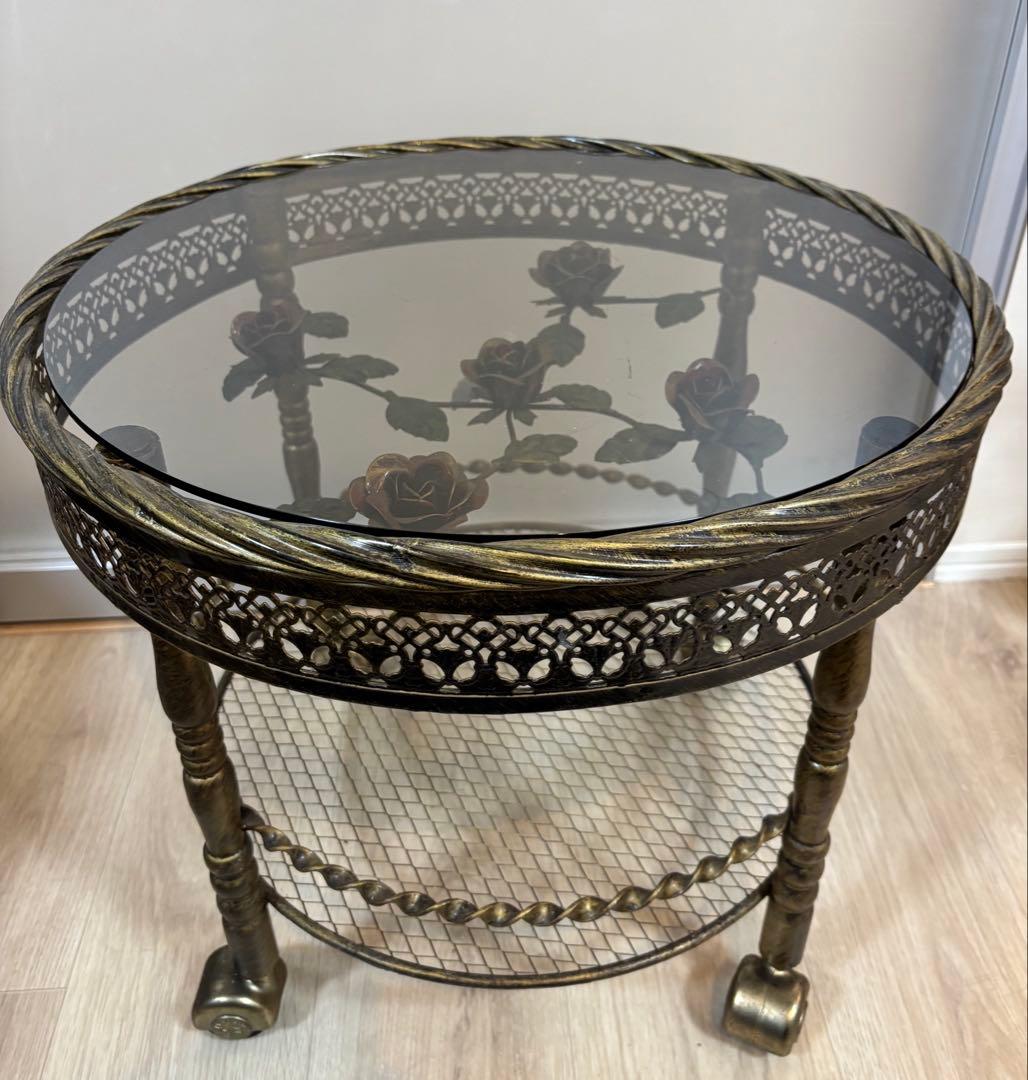 アンティーク 薔薇のガラステーブル ルネサンス 花柄ガラステーブル 美品