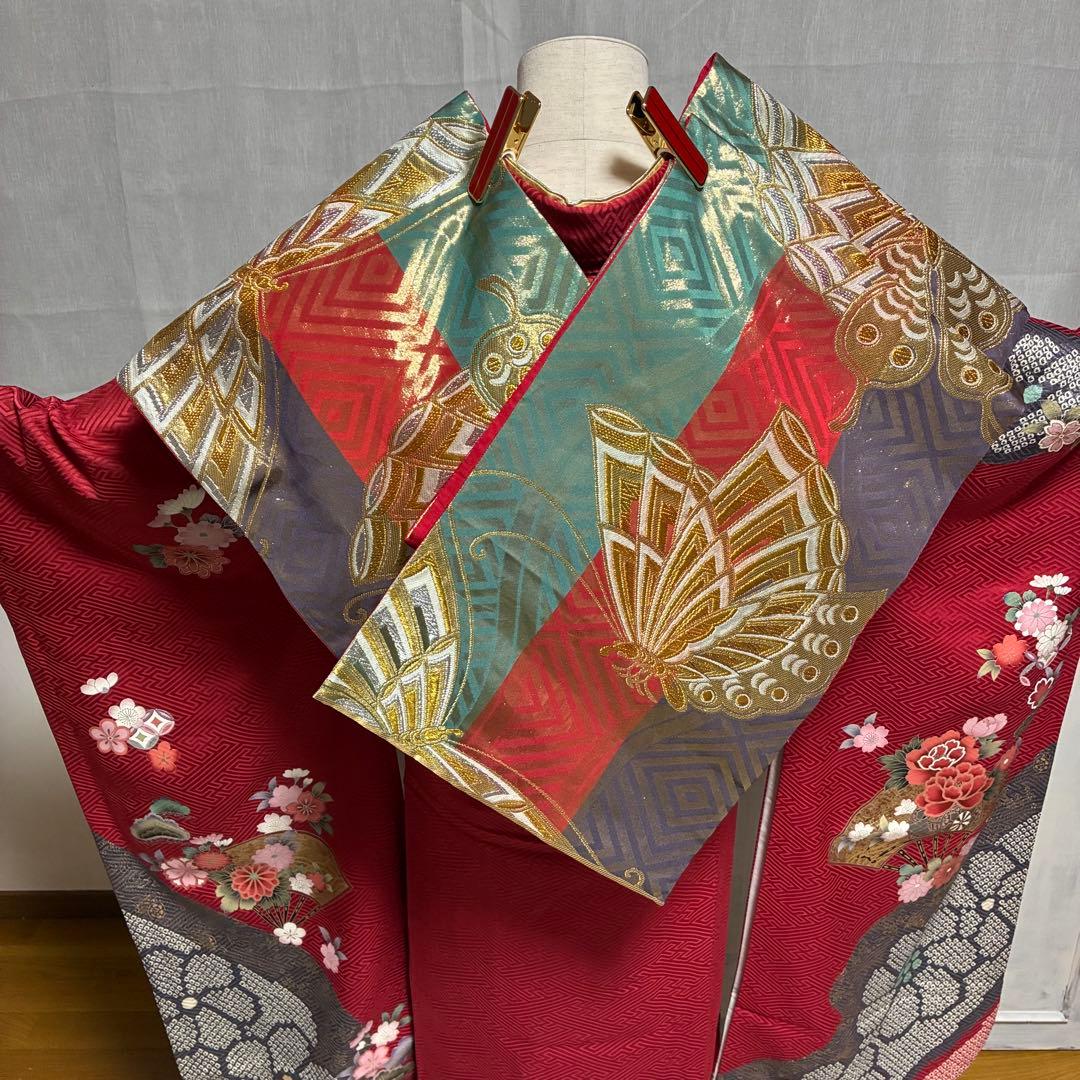 なお様⁂【振袖フルセット】 +小物・肌襦袢セット 赤 扇花柄 金駒刺繍