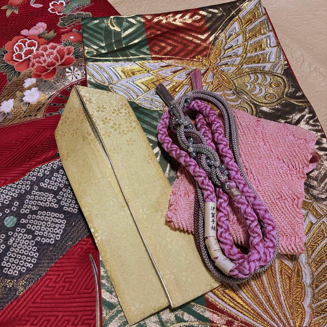 なお様⁂【振袖フルセット】 +小物・肌襦袢セット 赤 扇花柄 金駒刺繍