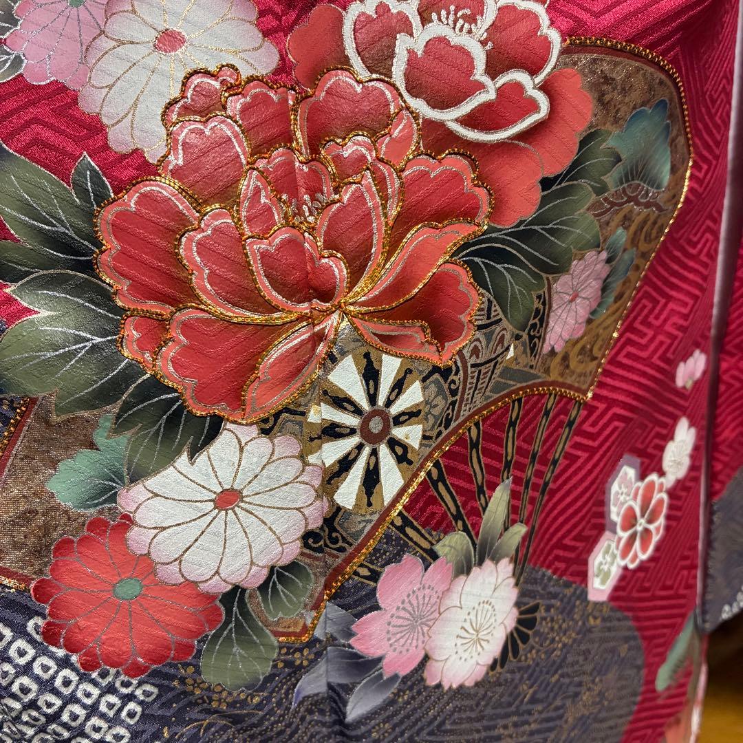 なお様⁂【振袖フルセット】 +小物・肌襦袢セット 赤 扇花柄 金駒刺繍