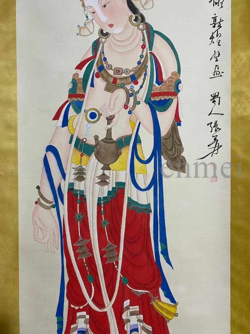 中国古美術・旧藏珍品・張大千款・仏像図・絹本・純手描き・掛軸・中堂畫・