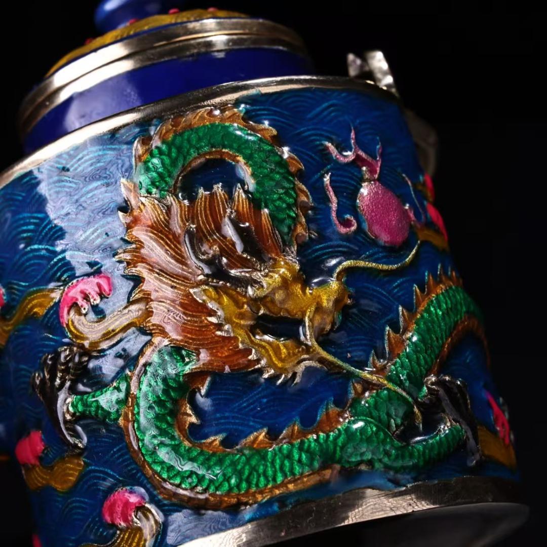中国古美術『旧蔵 景泰藍盤龍壺』純銅象嵌 琺瑯彩 茶酒壺