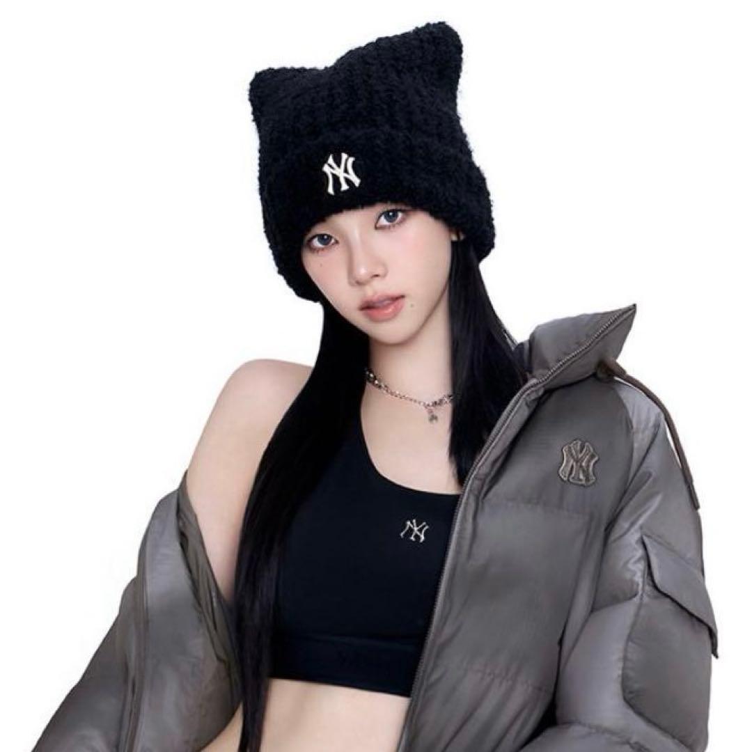 新品】カリナ着用 MLB KOREA 猫耳 ニット帽 ブラック - メルカリ