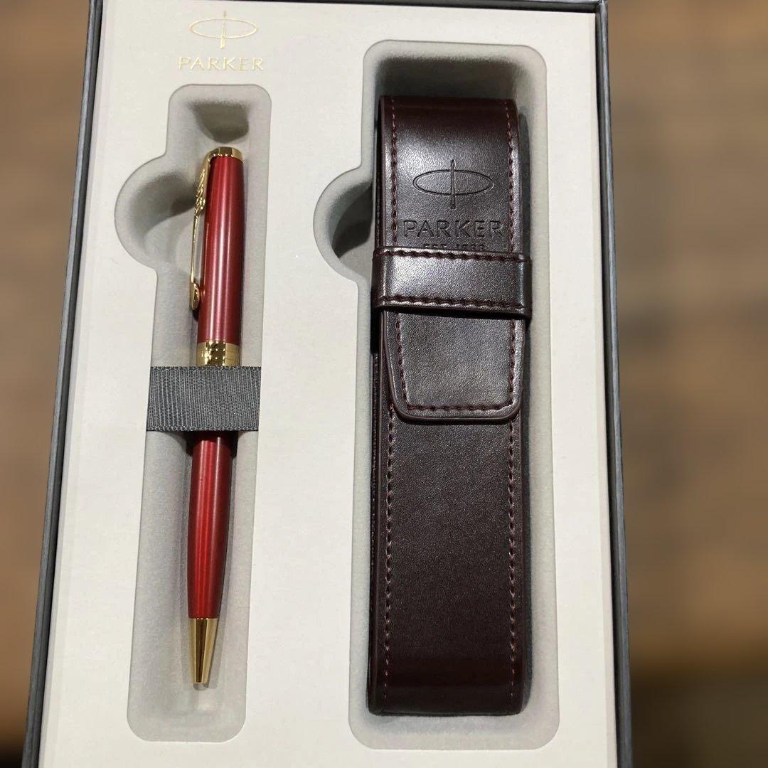 Parker 赤 ボールペン レザーケース付き PARKER レッドボールペンと