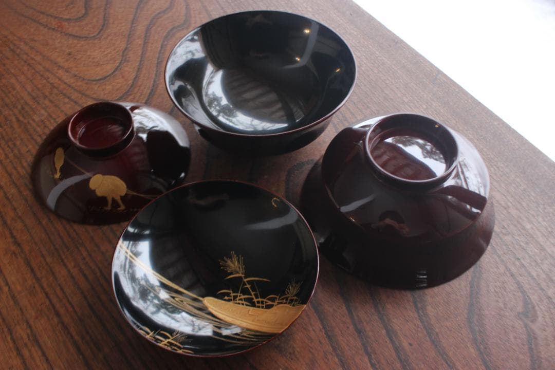 小傷有！時代溜塗に風情ある引網蒔絵の映えるお椀2点（検輪島塗懐石椀