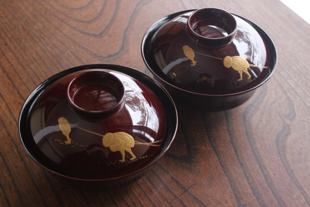 小傷有！時代溜塗に風情ある引網蒔絵の映えるお椀2点（検輪島塗懐石椀