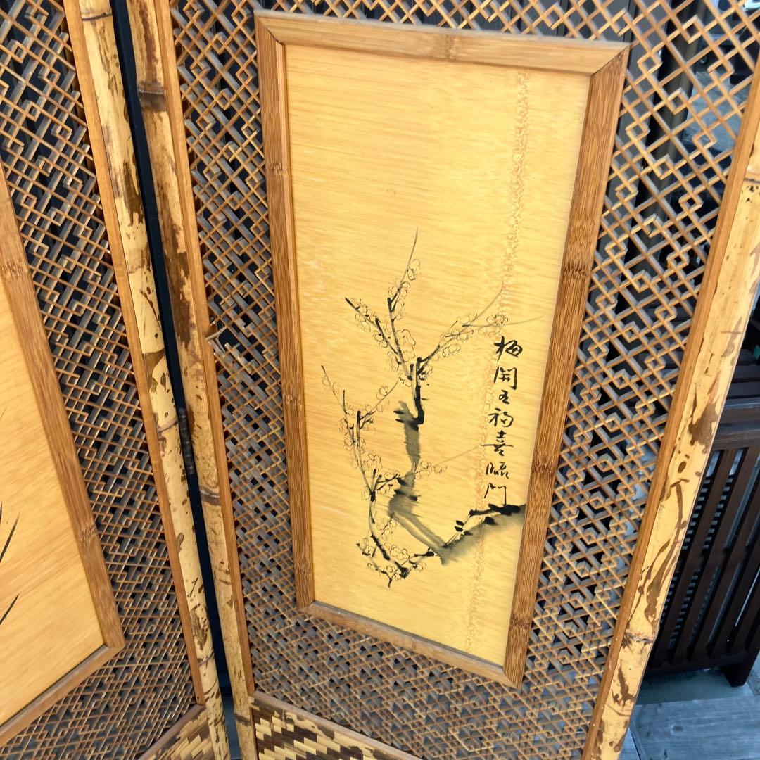 昭和レトロ 竹製格子型屏風 日本画 春夏秋冬草花 4枚 パーテーション