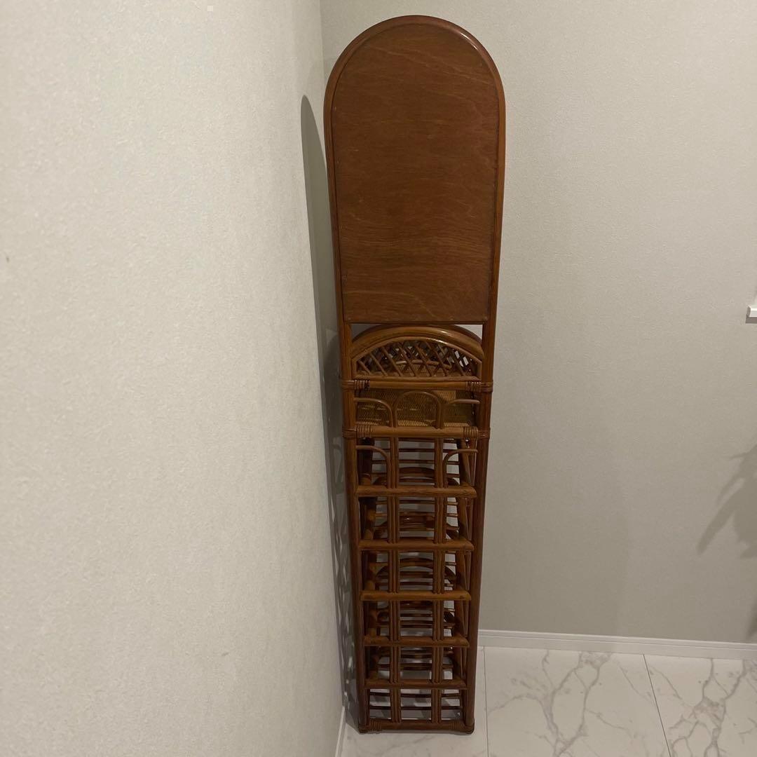 ラタン 籐 鏡付き ミラー スリッパラック 昭和レトロ アジアンテイスト