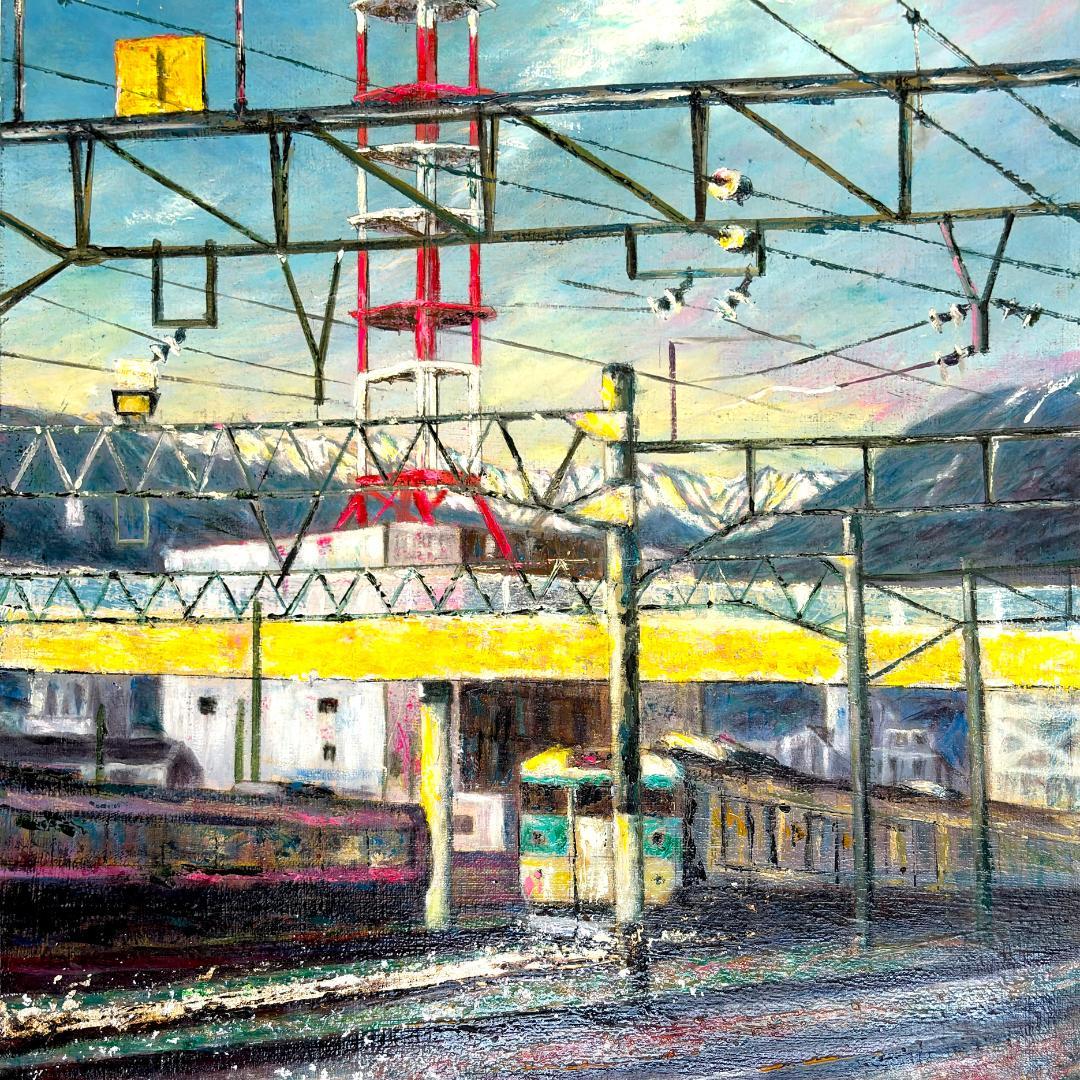 風景画「山間を走る列車」　鉄道風景 北アルプス 油彩画 印象派風 山