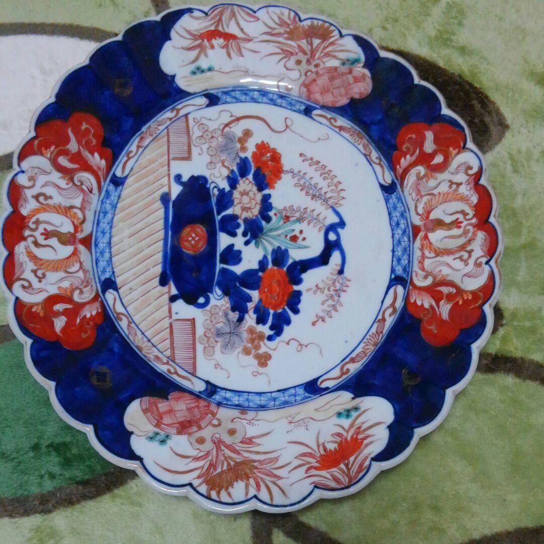 江戸期　古伊万里色絵楕円輪 花 大皿38×32