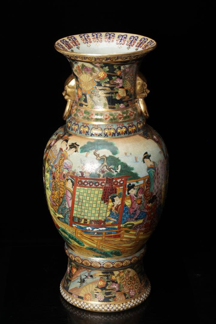 薩摩焼 金薩摩 美人図 大花瓶 高さ61.5㎝ 飾壷 耳付き 花