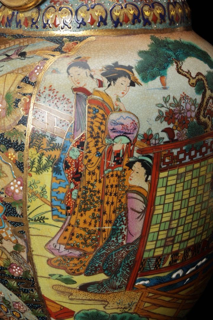 薩摩焼 金薩摩 美人図 大花瓶 高さ61.5㎝ 飾壷 耳付き 花